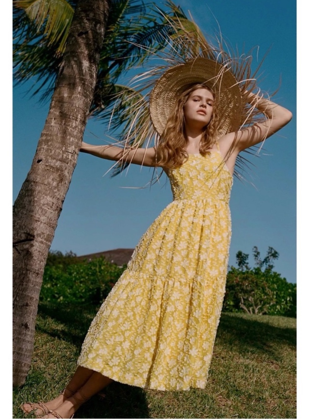 Maeve Anthropologie Rhonda Textured Floral Midi Dress Yellow Size US 6
